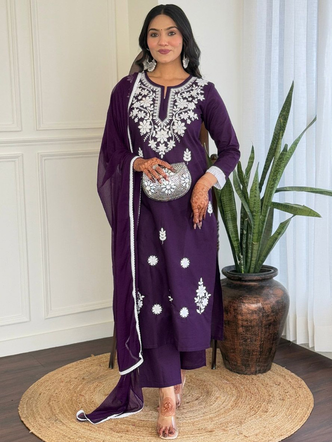 KALINI Floral Embroidered Chikankari Pure Straight Cotton Kurta with Trousers & Dupatta, Purple
KALINI Floral Embroidered Chikankari Pure Straight Cotton Kurta with Trousers & Dupatta, Purple