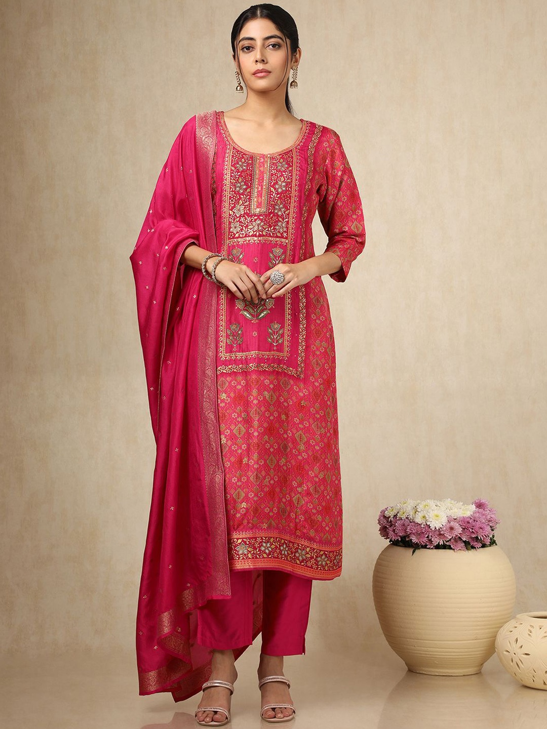 Soch Ethnic Motifs Printed Thread Work Round Neck Kurta With Trousers And Dupatta, Fuchsia
Soch Ethnic Motifs Printed Thread Work Round Neck Kurta With Trousers And Dupatta, Fuchsia