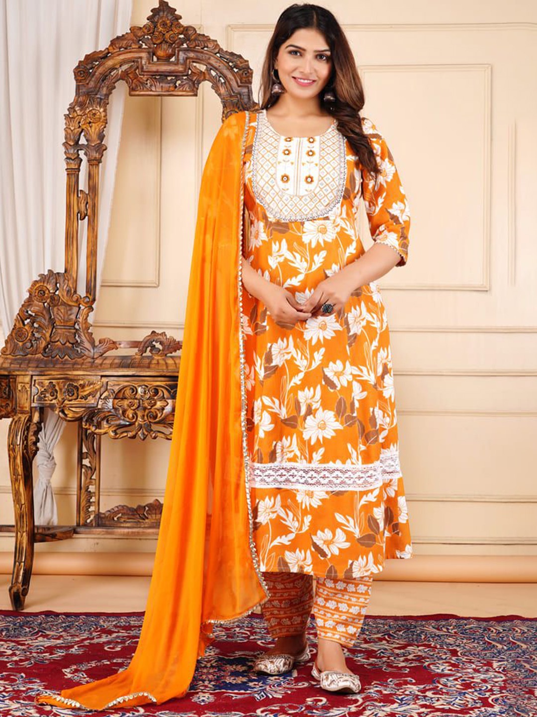 JAYRA TEXTILE Floral Printed Kantha Work A-Line Kurta With Trousers And Dupatta, Orange
JAYRA TEXTILE Floral Printed Kantha Work A-Line Kurta With Trousers And Dupatta, Orange