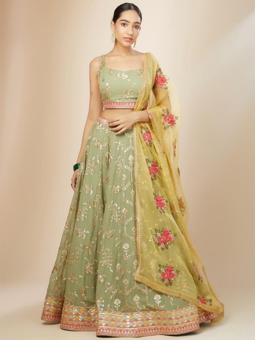 JIHU CULTURE Floral Embroidered Semi-Stitched Lehenga & Unstitched Blouse With Dupatta, Green
JIHU CULTURE Floral Embroidered Semi-Stitched Lehenga & Unstitched Blouse With Dupatta, Green
