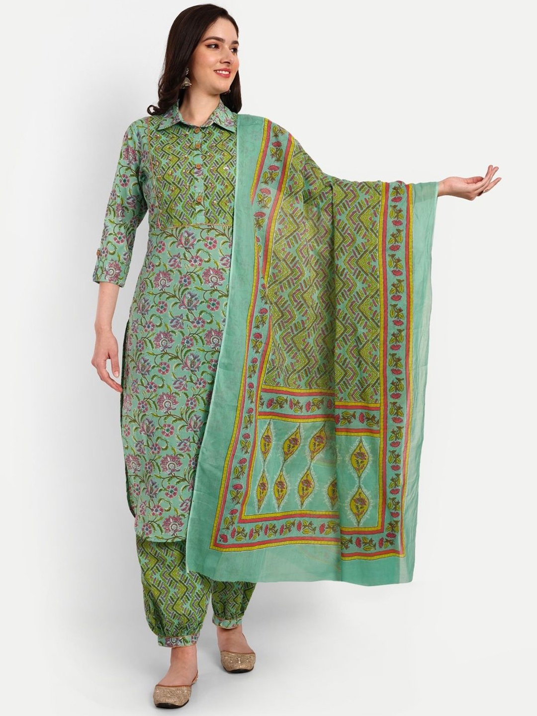 NUNCHII Floral Printed Beads and Stones Pure Cotton Straight Kurta with Patiala & Dupatta, Green
NUNCHII Floral Printed Beads and Stones Pure Cotton Straight Kurta with Patiala & Dupatta, Green