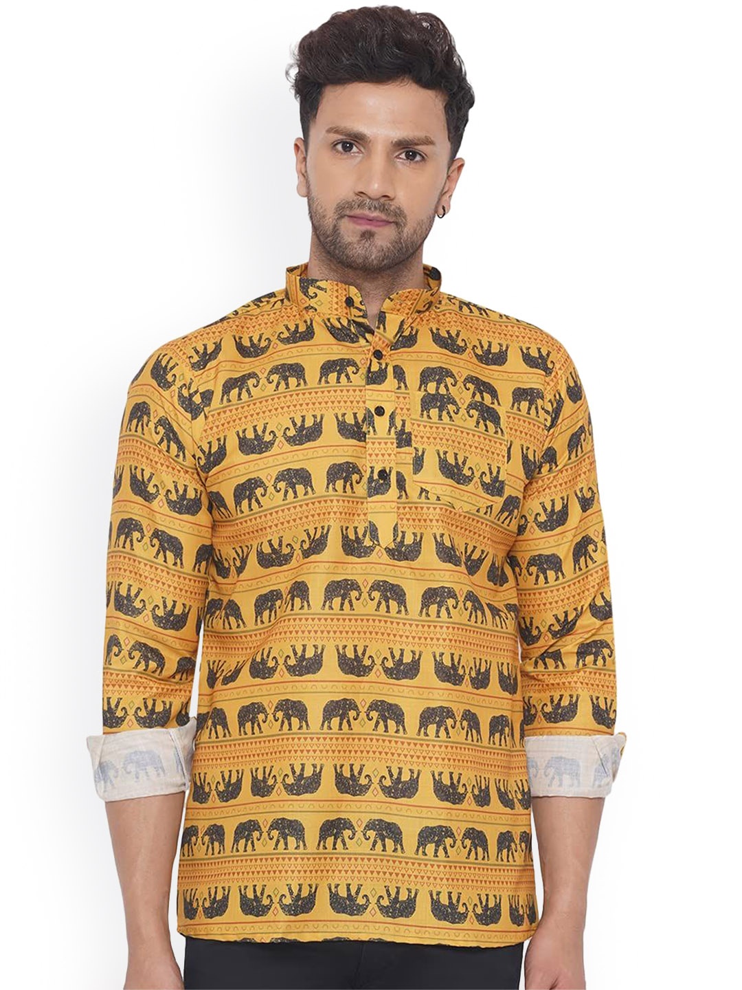 VEERA PARIDHAAN Ethnic Motifs Printed Band Collar Cotton Straight Short Kurta, Yellow
VEERA PARIDHAAN Ethnic Motifs Printed Band Collar Cotton Straight Short Kurta, Yellow