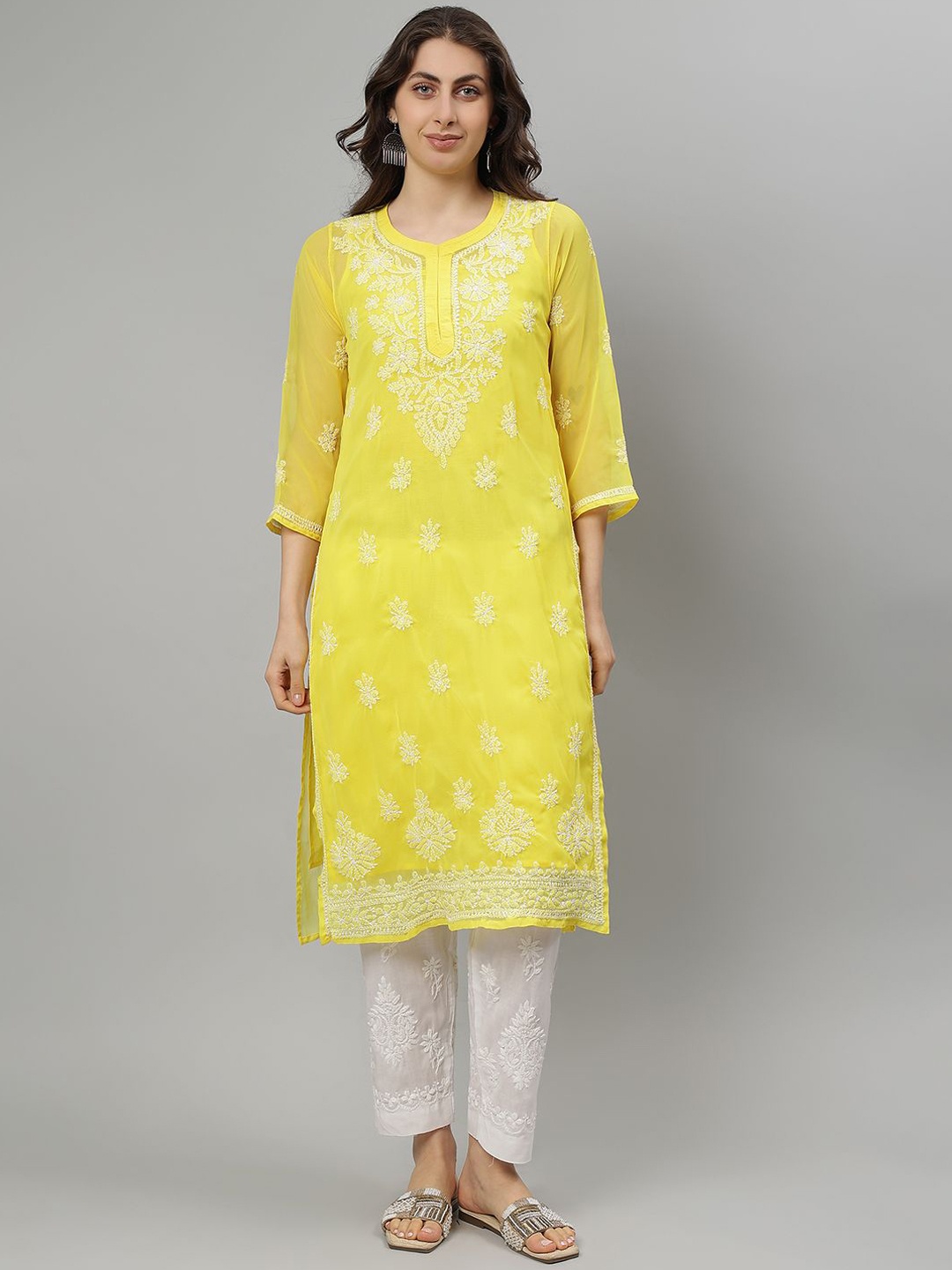 Seva Chikan Floral Embroidered Chikankari Georgette Straight Kurta With Slip, Yellow
Seva Chikan Floral Embroidered Chikankari Georgette Straight Kurta With Slip, Yellow