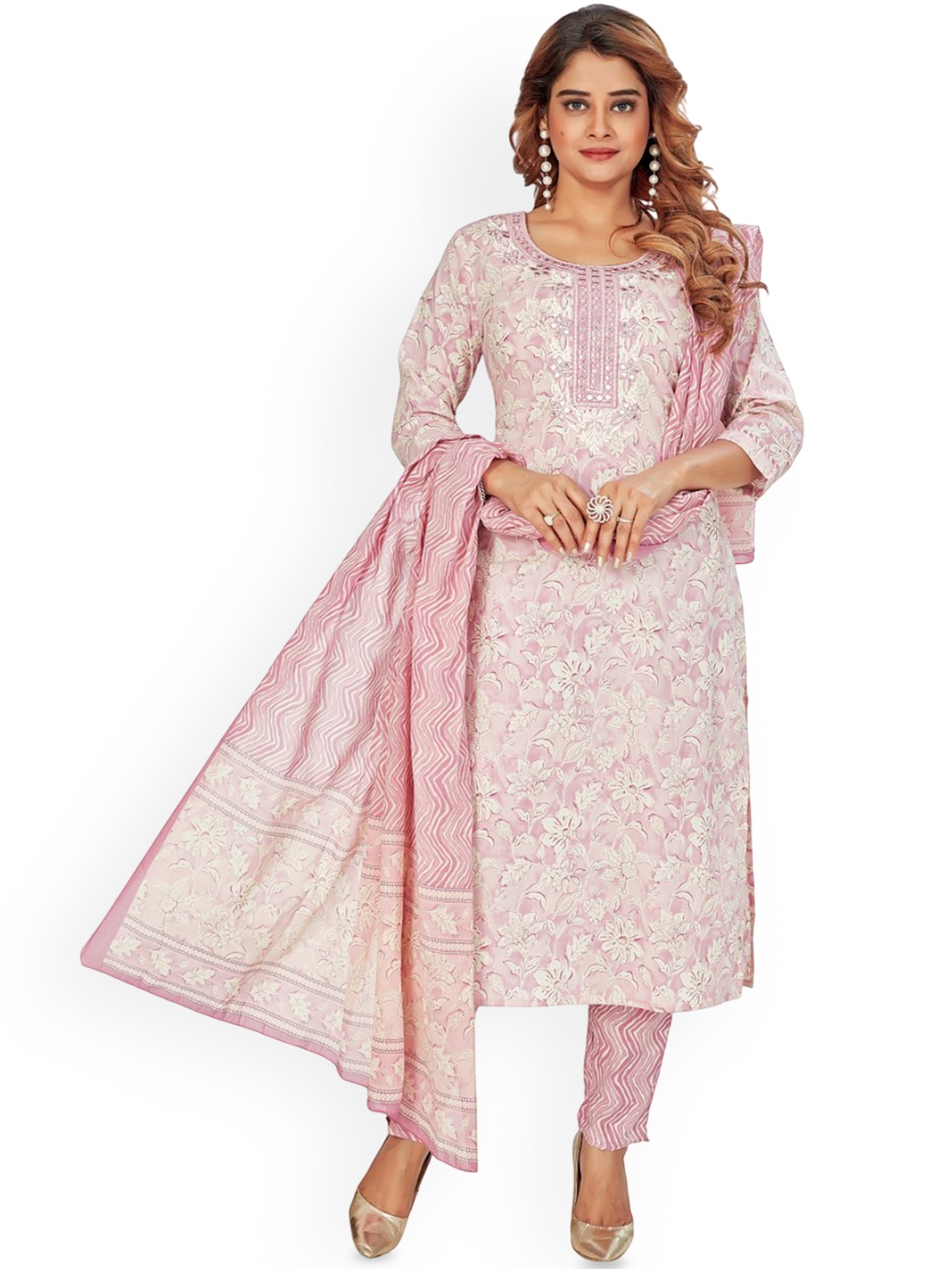 Amchoor Floral Printed Mirror Work Pure Cotton Straight Kurta With Trouser & Dupatta, Pink
Amchoor Floral Printed Mirror Work Pure Cotton Straight Kurta With Trouser & Dupatta, Pink