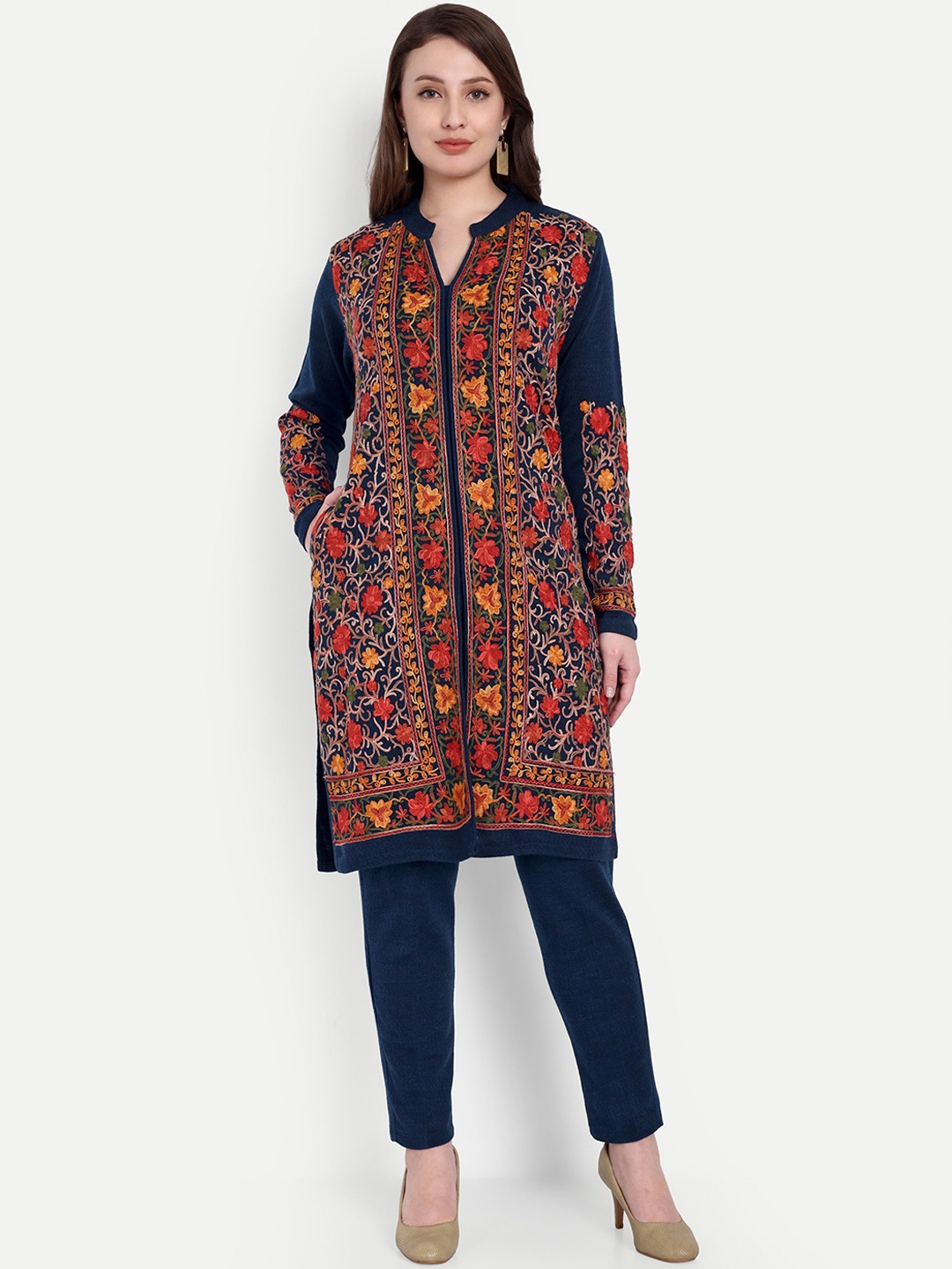 HAUTEMODA Floral Embroidered Pure Wool Mandarin Collar Straight Kurta With Trousers, Blue
HAUTEMODA Floral Embroidered Pure Wool Mandarin Collar Straight Kurta With Trousers, Blue