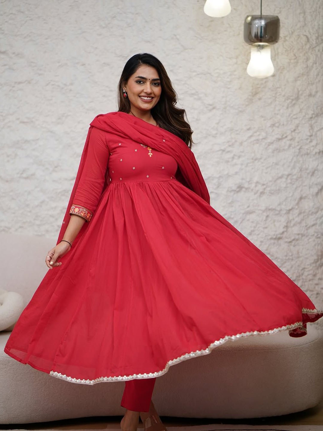 Growdamy Floral Embroidered V Neck Mirror Work Anarkali Kurta With Trousers & Dupatta, Red
Growdamy Floral Embroidered V Neck Mirror Work Anarkali Kurta With Trousers & Dupatta, Red