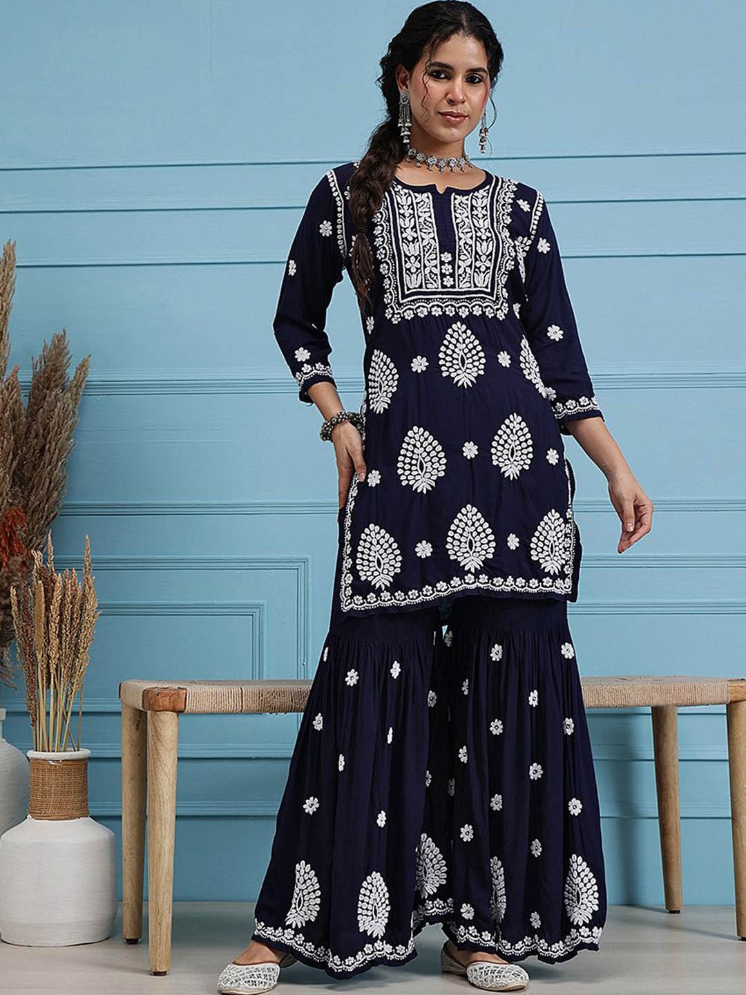 ADA Ethnic Motifs Embroidered Lucknowi Chikankari Straight Kurti With Sharara, Navy blue
ADA Ethnic Motifs Embroidered Lucknowi Chikankari Straight Kurti With Sharara, Navy blue