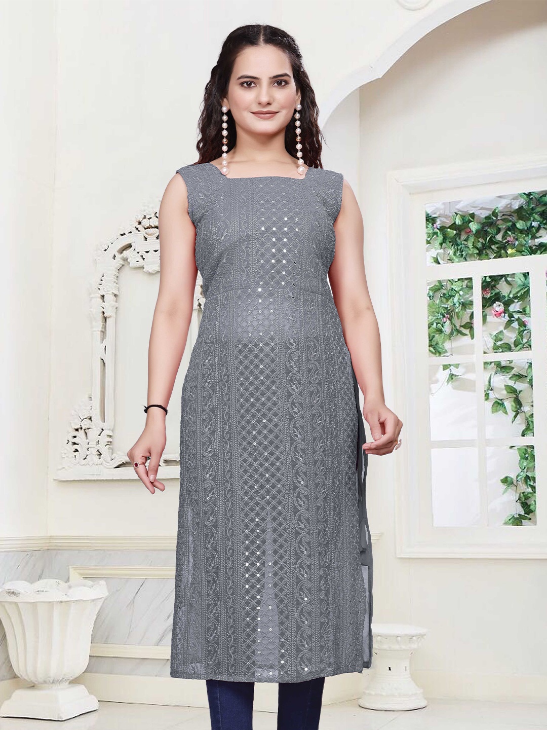 PARROT CREATION Paisley Chikankari Sequinned Square Neck Sleeveless Straight Kurta, Grey
PARROT CREATION Paisley Chikankari Sequinned Square Neck Sleeveless Straight Kurta, Grey