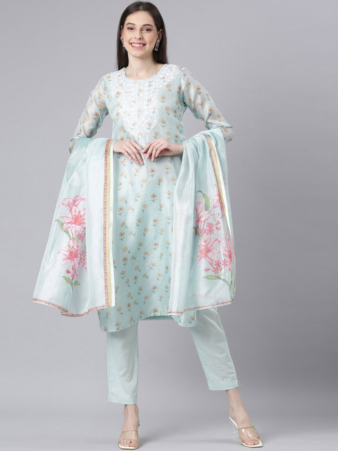 Neerus Women Floral Printed Panelled Chikankari Kurta with Trousers & With Dupatta, Lime green
Neerus Women Floral Printed Panelled Chikankari Kurta with Trousers & With Dupatta, Lime green