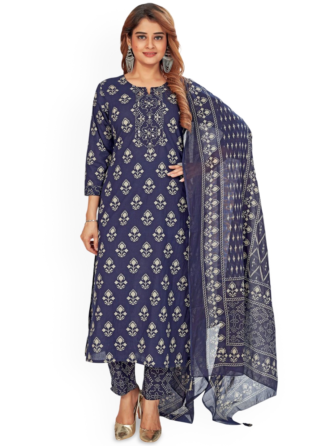 Amchoor Floral Printed Mirror Work Pure Cotton Straight Kurta With Trouser & Dupatta, Navy blue
Amchoor Floral Printed Mirror Work Pure Cotton Straight Kurta With Trouser & Dupatta, Navy blue