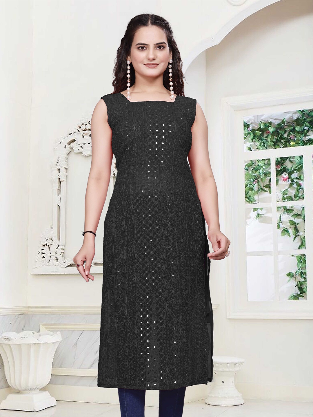 PARROT CREATION Paisley Chikankari Sequinned Square Neck Sleeveless Straight Kurta, Black
PARROT CREATION Paisley Chikankari Sequinned Square Neck Sleeveless Straight Kurta, Black