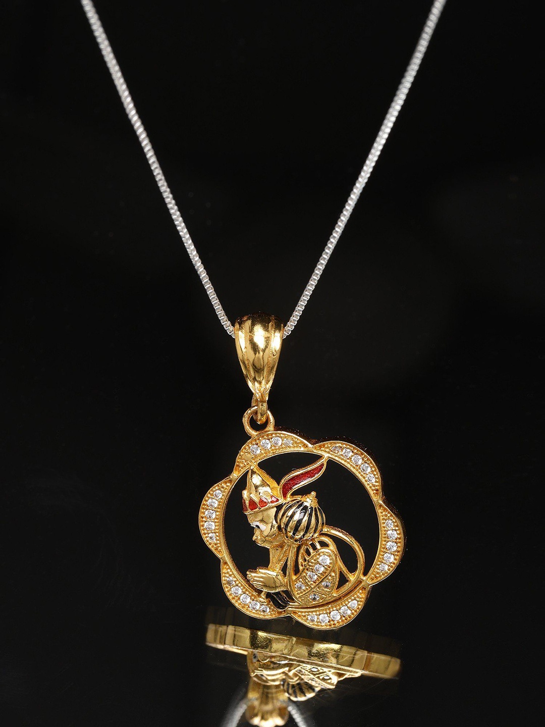 Exotic India Gold-Plated Floral Shape Lord Hanuman Artificial Stones Studded Pendant
Exotic India Gold-Plated Floral Shape Lord Hanuman Artificial Stones Studded Pendant