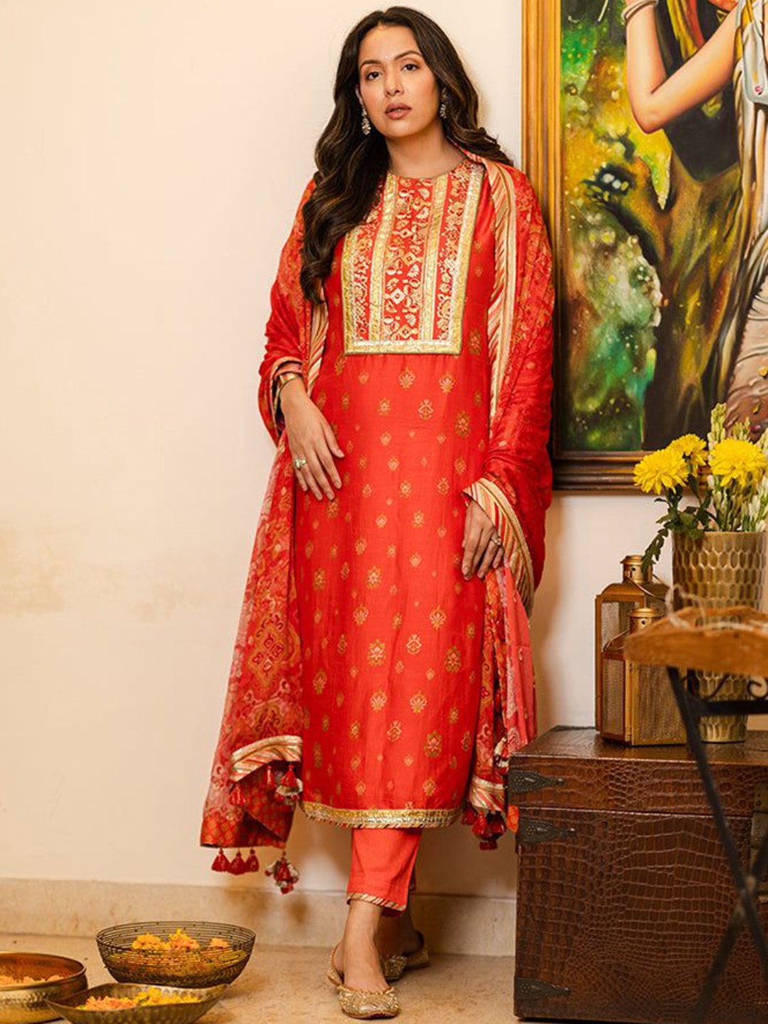 SAUNDH Floral Embroidered Sequinned Raw Silk Straight Kurta With Trousers And Dupatta, Orange
SAUNDH Floral Embroidered Sequinned Raw Silk Straight Kurta With Trousers And Dupatta, Orange