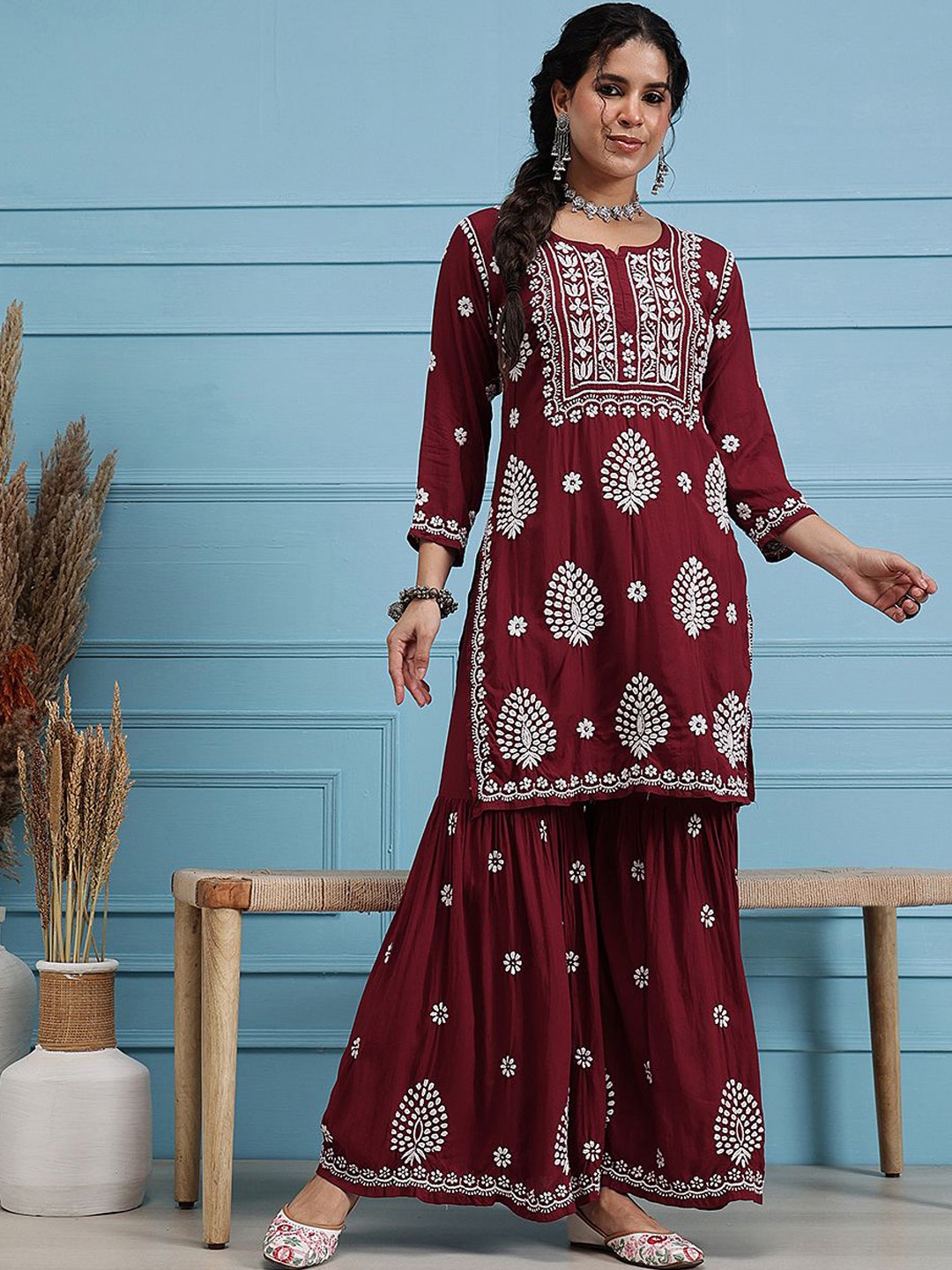 ADA Ethnic Motifs Embroidered Lucknowi Chikankari Straight Kurti With Sharara, Maroon
ADA Ethnic Motifs Embroidered Lucknowi Chikankari Straight Kurti With Sharara, Maroon
