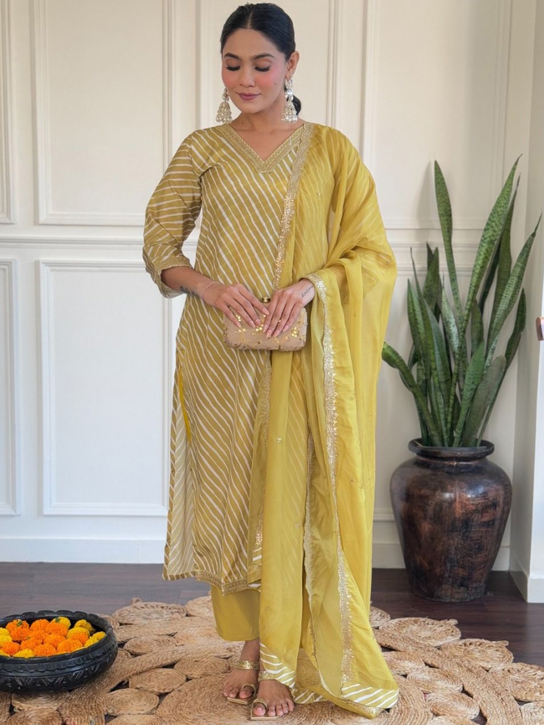 Navlik Striped Thread Work V-Neck Straight Kurta With Trousers And Dupatta, Lime green
Navlik Striped Thread Work V-Neck Straight Kurta With Trousers And Dupatta, Lime green