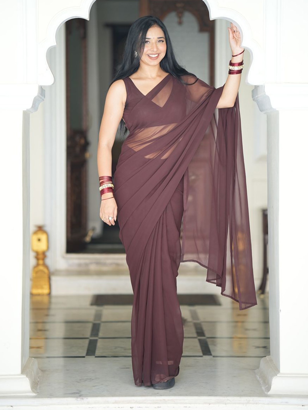 Moda Rapido Pure Georgette Ready to Wear Saree With Unstitched Blouse piece, Coffee brown
Moda Rapido Pure Georgette Ready to Wear Saree With Unstitched Blouse piece, Coffee brown