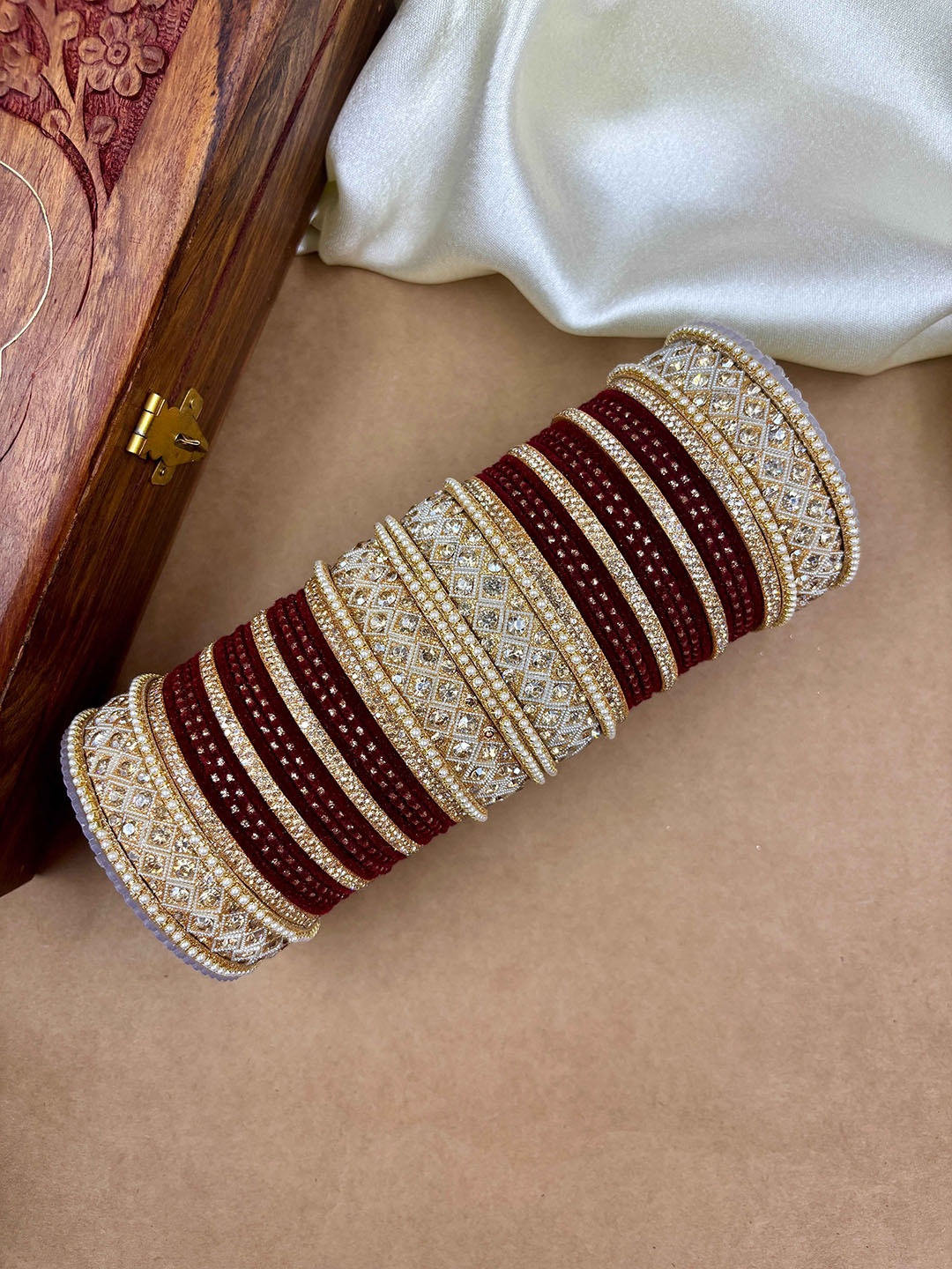 Wedding Chuda by Hitesh Bangles Set Of 52 Stone Studded Velvet Bangles, Gold
Wedding Chuda by Hitesh Bangles Set Of 52 Stone Studded Velvet Bangles, Gold
