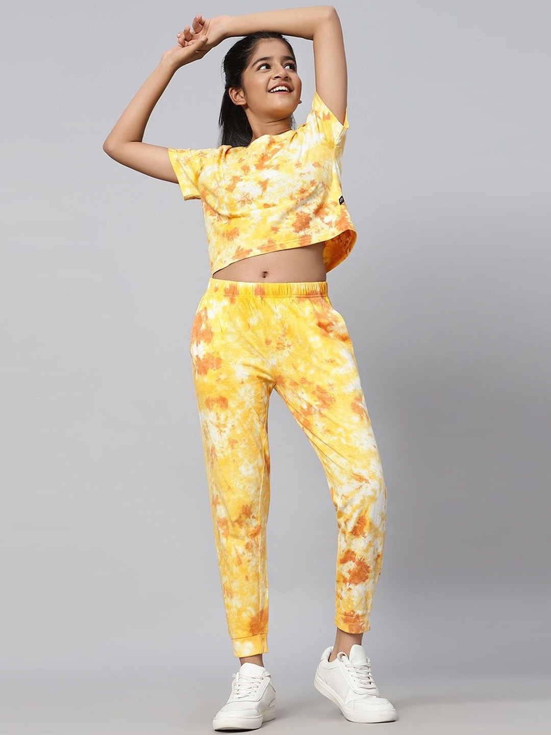 TeenTrums Girls Tie & Dye Printed Pure Cotton Crop Top & Joggers Clothing Set, Yellow
TeenTrums Girls Tie & Dye Printed Pure Cotton Crop Top & Joggers Clothing Set, Yellow