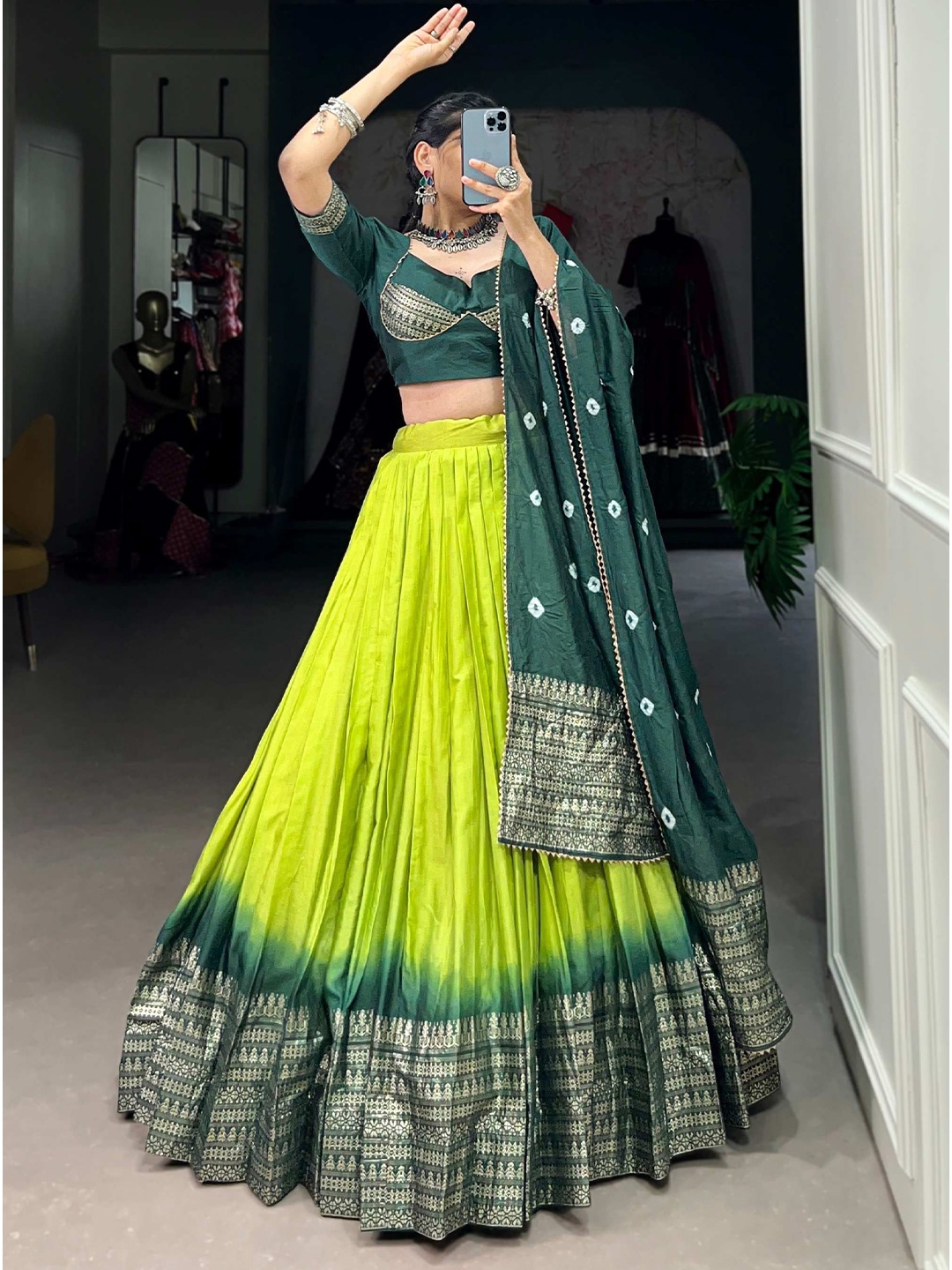 RADHVI BIZ Ethnic Printed Ready to Wear Lehenga & Semi-Stitched Blouse With Dupatta, Fluorescent green
RADHVI BIZ Ethnic Printed Ready to Wear Lehenga & Semi-Stitched Blouse With Dupatta, Fluorescent green