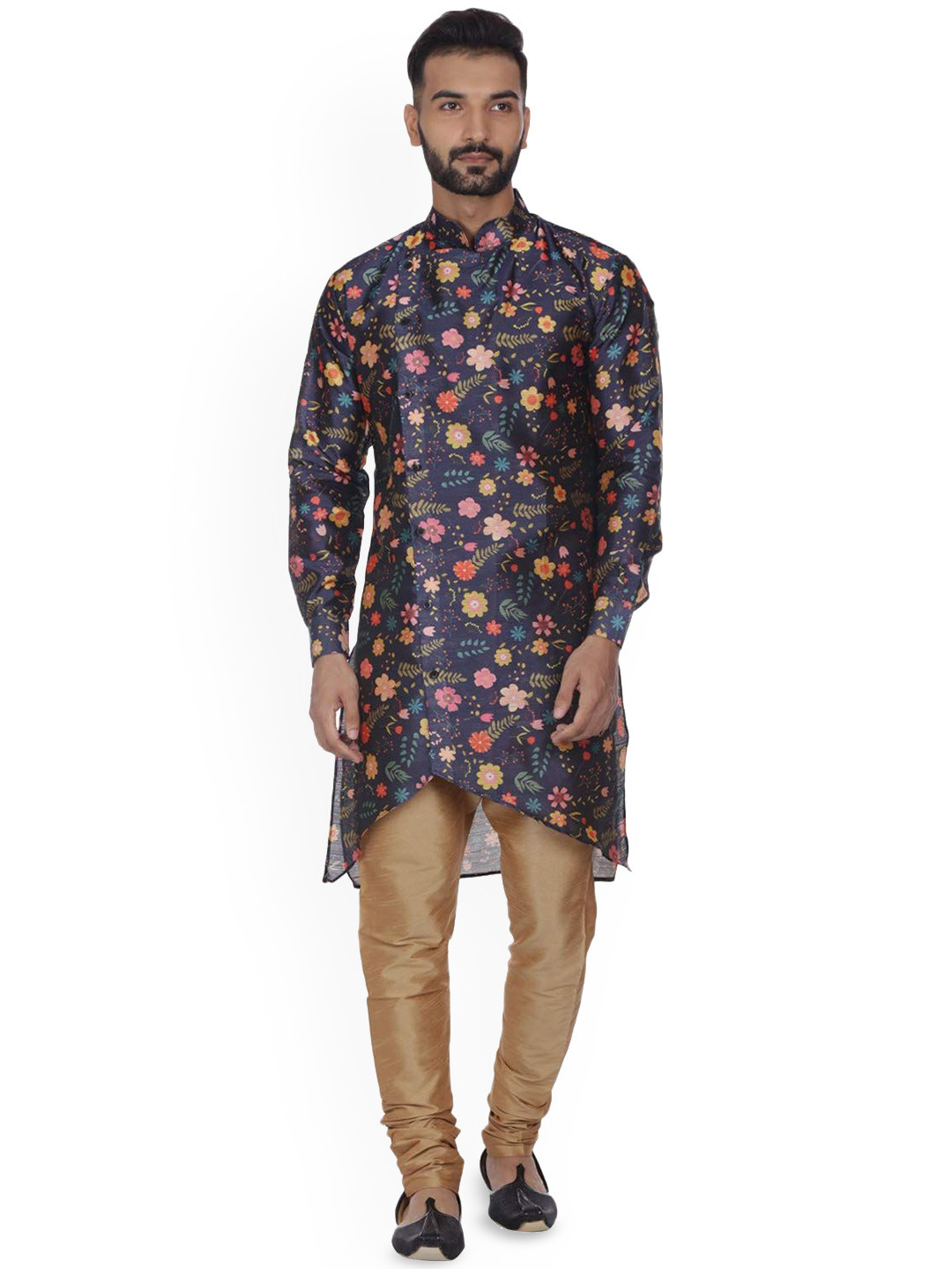VEERA PARIDHAAN Floral Printed Mandarin Collar Long Roll-Up Sleeves Angrakha Kurta, Blue 
VEERA PARIDHAAN Floral Printed Mandarin Collar Long Roll-Up Sleeves Angrakha Kurta, Blue