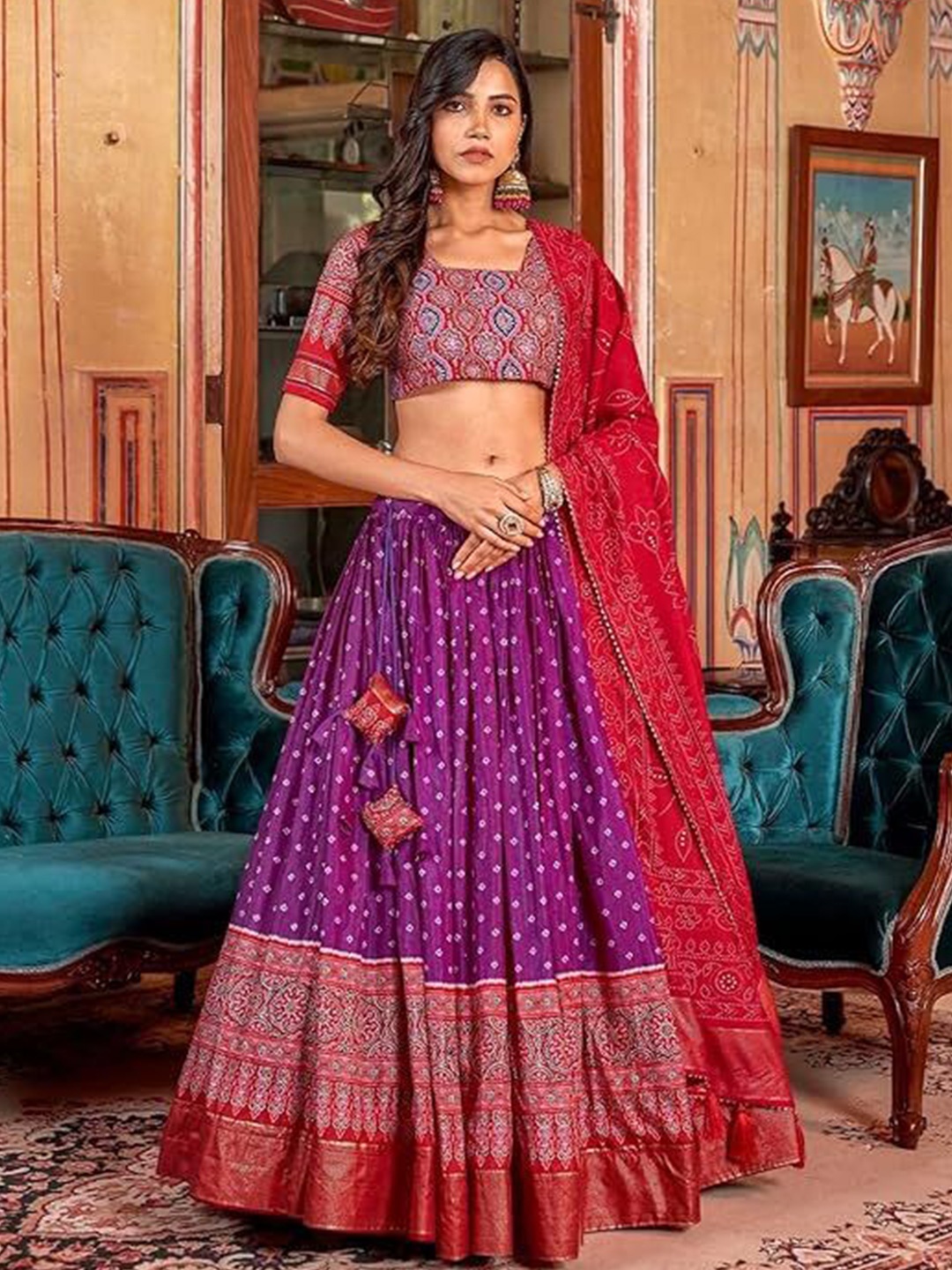 RADHVI BIZ Ethnic Motifs Printed Ready to Wear Lehenga & Semi-Stitched Blouse With Dupatta, Purple
RADHVI BIZ Ethnic Motifs Printed Ready to Wear Lehenga & Semi-Stitched Blouse With Dupatta, Purple