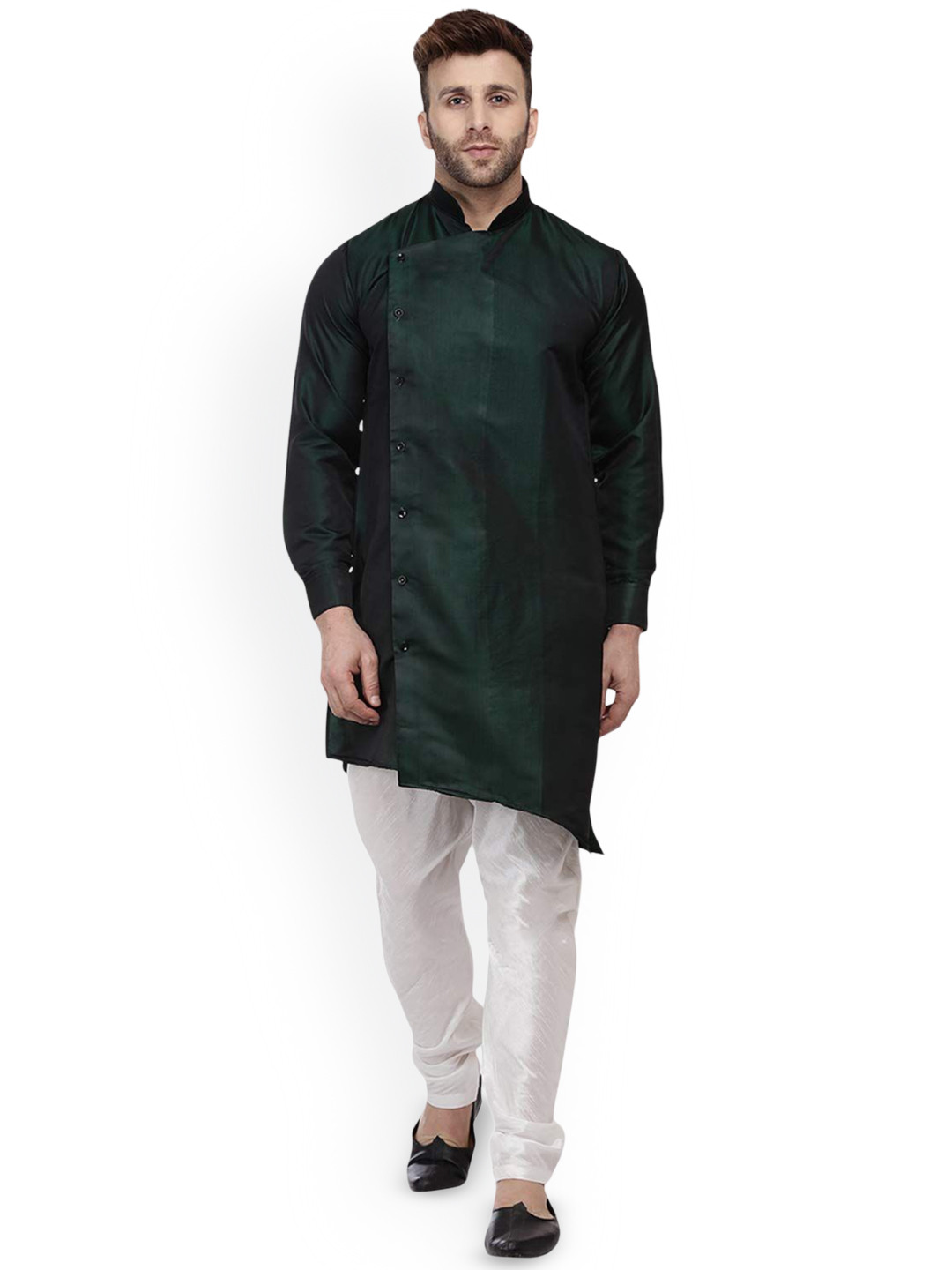 VEERA PARIDHAAN Mandarin Collar Silk Straight Kurta, Green 
VEERA PARIDHAAN Mandarin Collar Silk Straight Kurta, Green