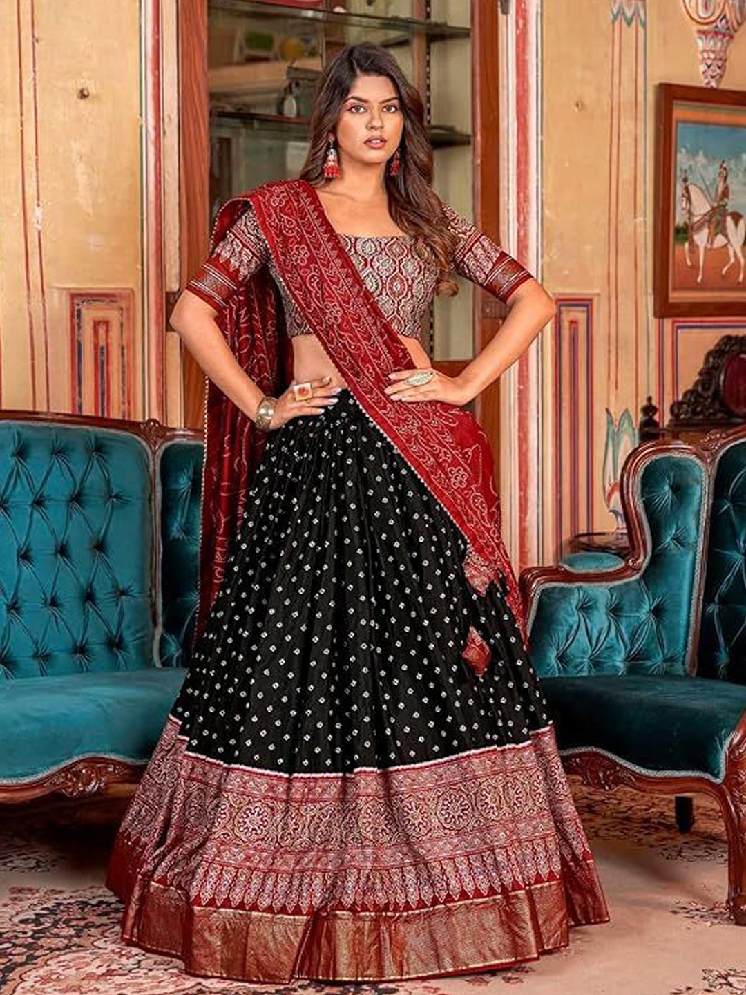 RADHVI BIZ Ethnic Printed Ready to Wear Lehenga & Semi-Stitched Blouse With Dupatta, Black
RADHVI BIZ Ethnic Printed Ready to Wear Lehenga & Semi-Stitched Blouse With Dupatta, Black