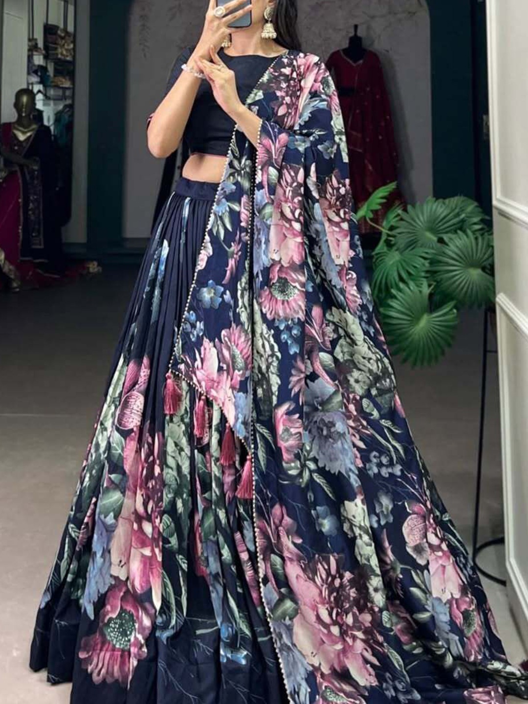 RADHVI BIZ Floral Printed Kalamkari Silk Ready to Wear Lehenga & Choli With Dupatta, Navy blue
RADHVI BIZ Floral Printed Kalamkari Silk Ready to Wear Lehenga & Choli With Dupatta, Navy blue