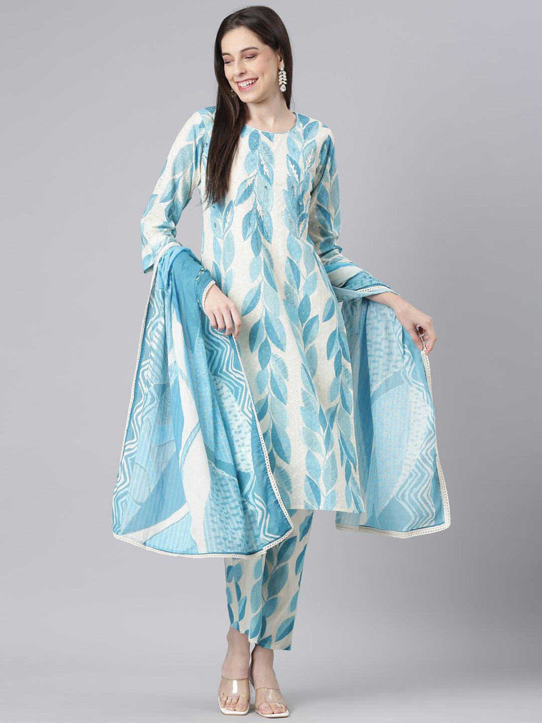 Neerus Floral Embroidered Mirror Work Kurta With Trousers & Dupatta, Blue
Neerus Floral Embroidered Mirror Work Kurta With Trousers & Dupatta, Blue