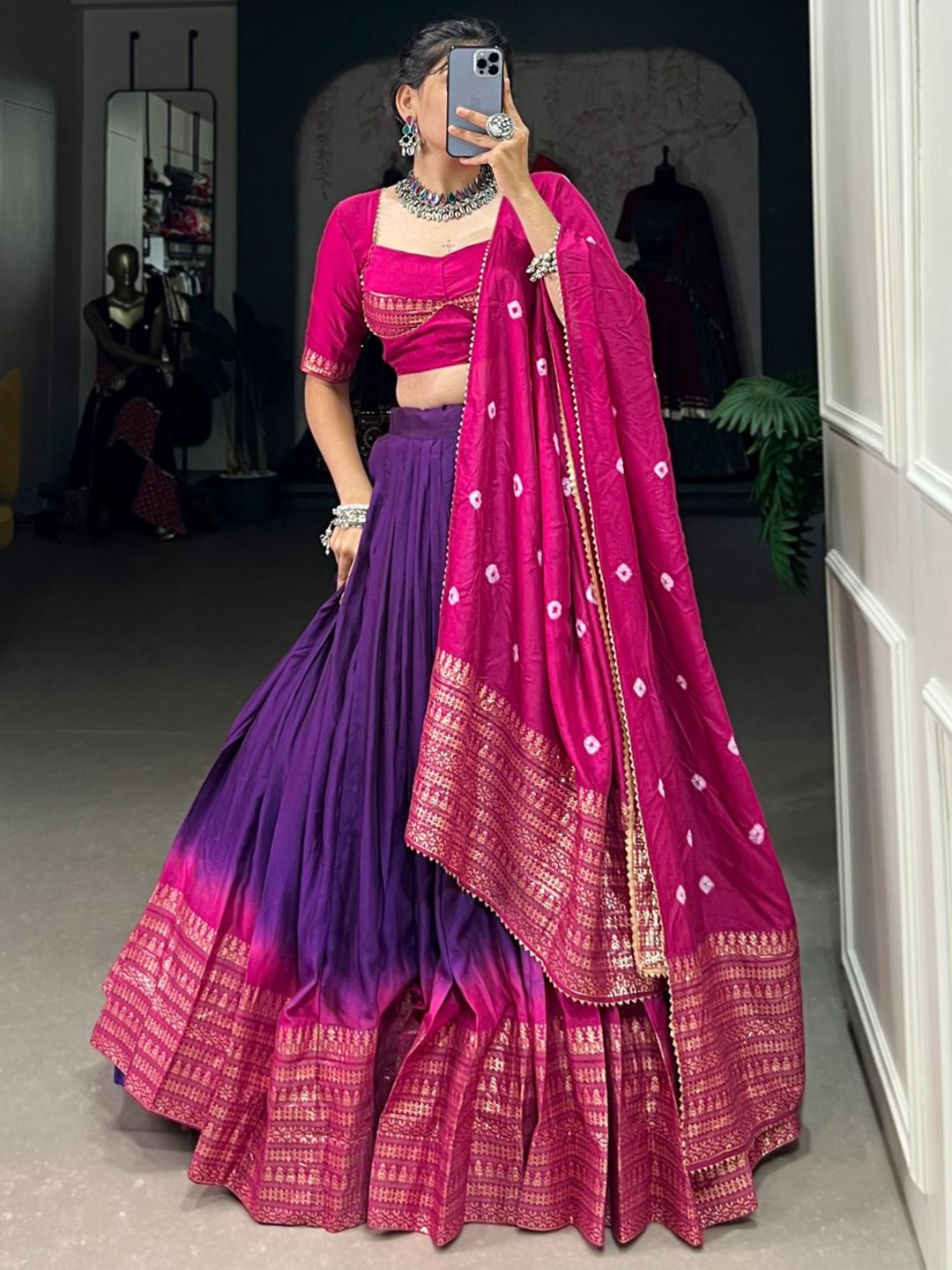 RADHVI BIZ Ethnic Motifs Printed Silk Lehenga With Semi-Stitched Blouse & Dupatta, Purple
RADHVI BIZ Ethnic Motifs Printed Silk Lehenga With Semi-Stitched Blouse & Dupatta, Purple