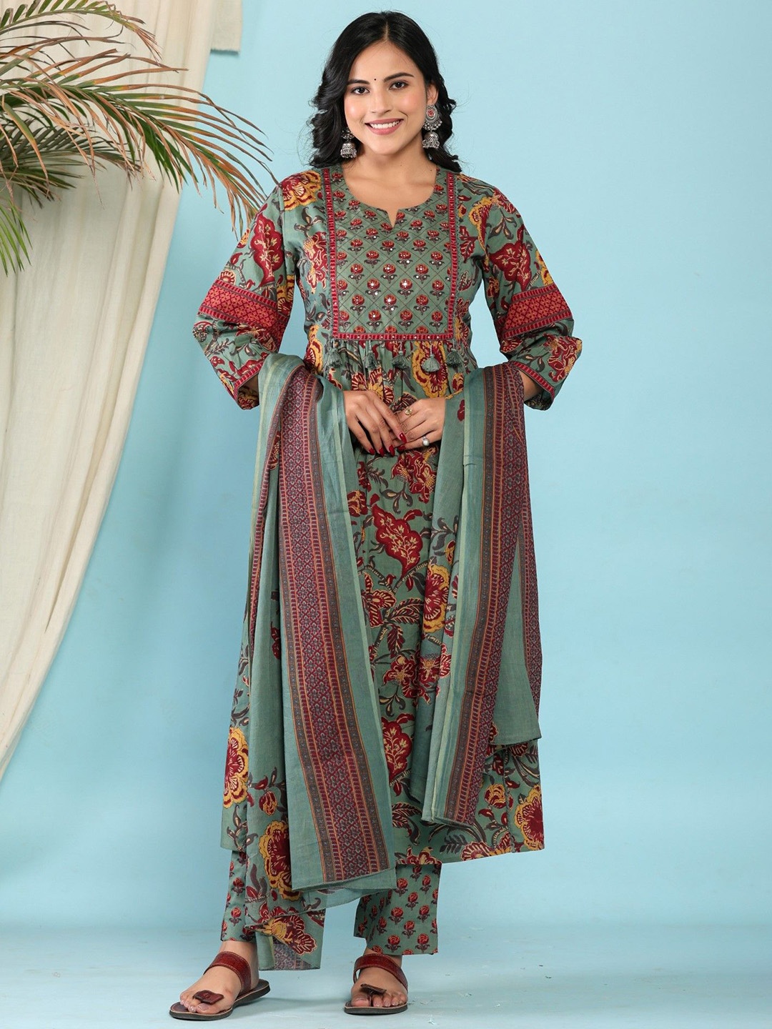 Swasti Women Floral Printed Regular Sequinned Pure Cotton Kurta with Trousers & With Dupatta, Green
Swasti Women Floral Printed Regular Sequinned Pure Cotton Kurta with Trousers & With Dupatta, Green