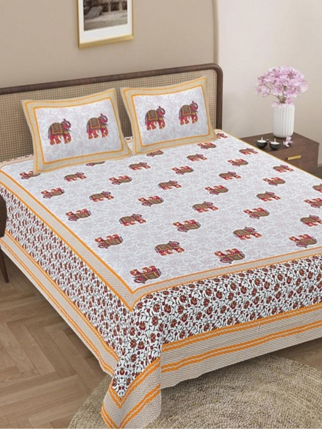 Jaipur Weaves White & Orange Ethnic Motifs 180TC Cotton King Bedsheet Set 2.74 m x 2.74 m
Jaipur Weaves White & Orange Ethnic Motifs 180TC Cotton King Bedsheet Set 2.74 m x 2.74 m