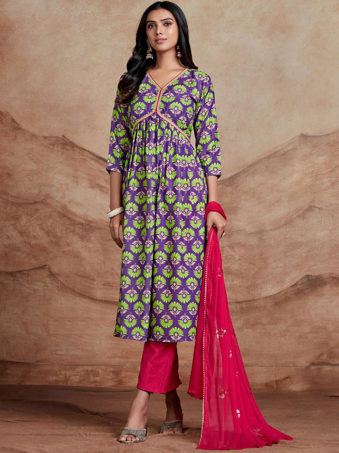 Sangria Floral Printed A-Line Kurta & Trousers With Dupatta, Purple
Sangria Floral Printed A-Line Kurta & Trousers With Dupatta, Purple