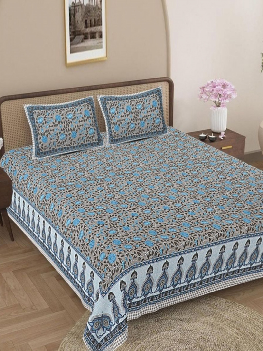 Jaipur Weaves Grey & Blue Ethnic Motifs 180 TC Cotton King Bedsheet Set 2.74 m x 2.74 m 
Jaipur Weaves Grey & Blue Ethnic Motifs 180 TC Cotton King Bedsheet Set 2.74 m x 2.74 m