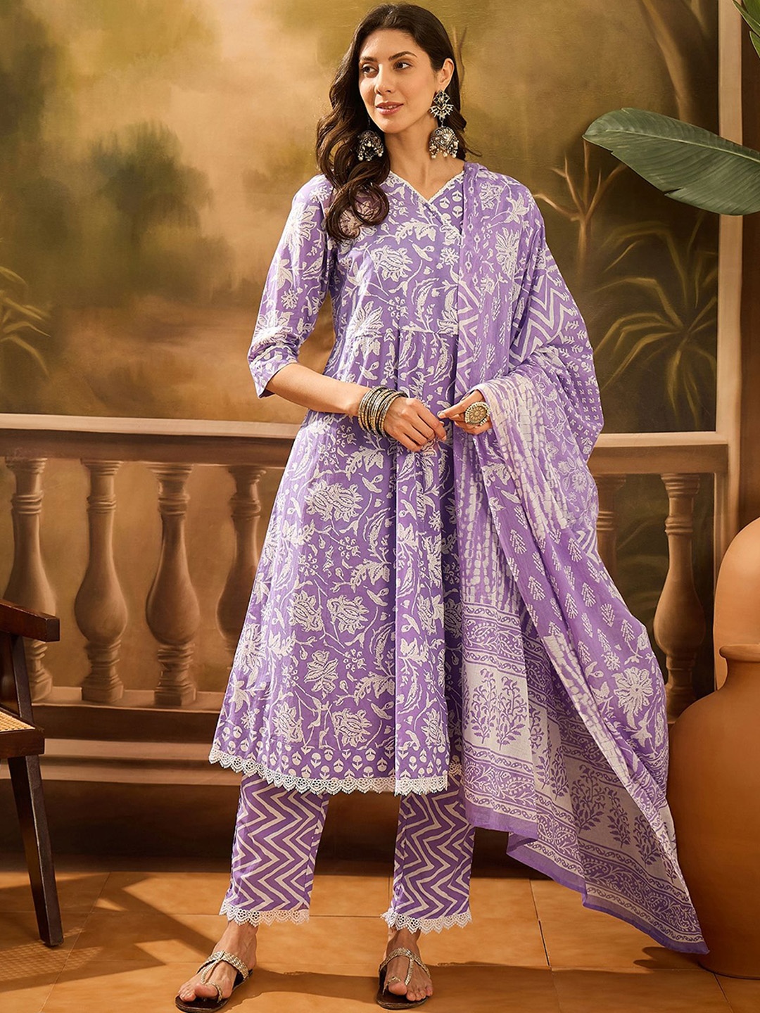 RangDeep Floral Printed V-Neck Empire Pure Cotton Anarkali Kurta With Trouser And Dupatta, Purple
RangDeep Floral Printed V-Neck Empire Pure Cotton Anarkali Kurta With Trouser And Dupatta, Purple