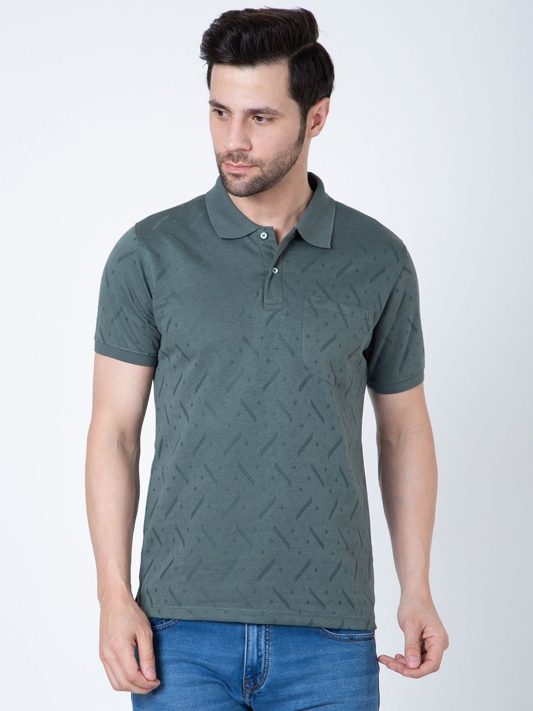 Sparky Men Self Design Polo Collar Cotton T-shirt, Olive
Sparky Men Self Design Polo Collar Cotton T-shirt, Olive