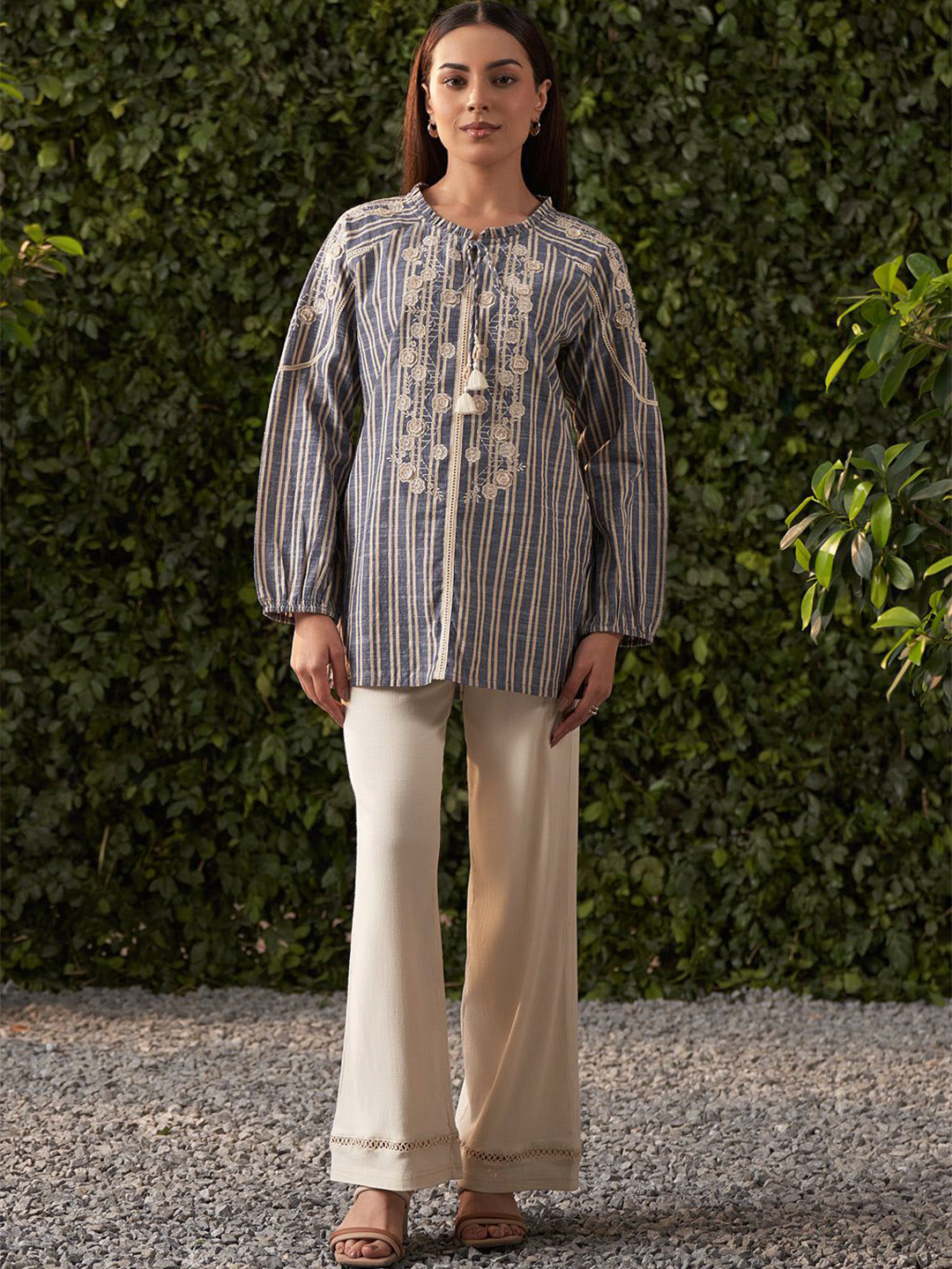 Lakshita Embroidered Tie-Up Neck Linen Top, Blue 
Lakshita Embroidered Tie-Up Neck Linen Top, Blue