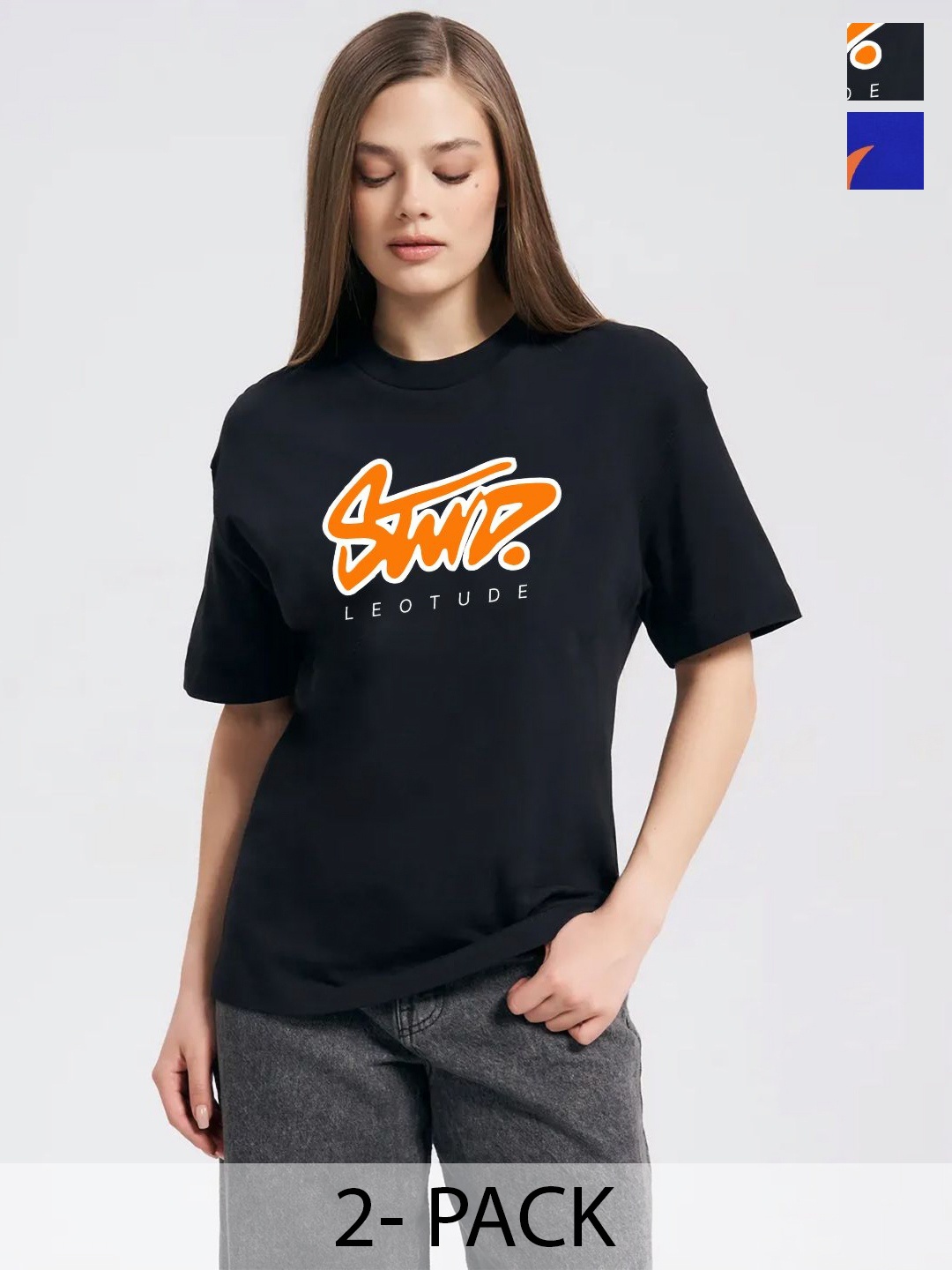 Leotude Women Pack Of 2 Typography Printed Round Neck Cotton Oversized T-shirts, Black
Leotude Women Pack Of 2 Typography Printed Round Neck Cotton Oversized T-shirts, Black
