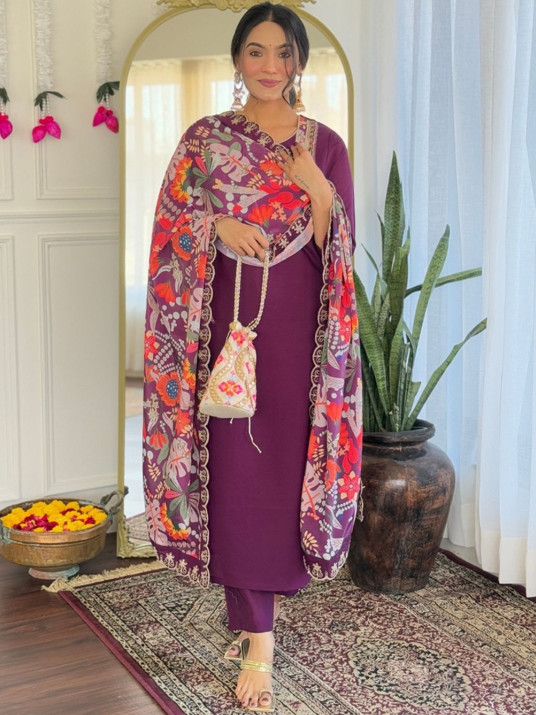 Navlik Ethnic Motifs Yoke Design Thread Work Round Neck Kurta With Trousers And Dupatta, Purple
Navlik Ethnic Motifs Yoke Design Thread Work Round Neck Kurta With Trousers And Dupatta, Purple