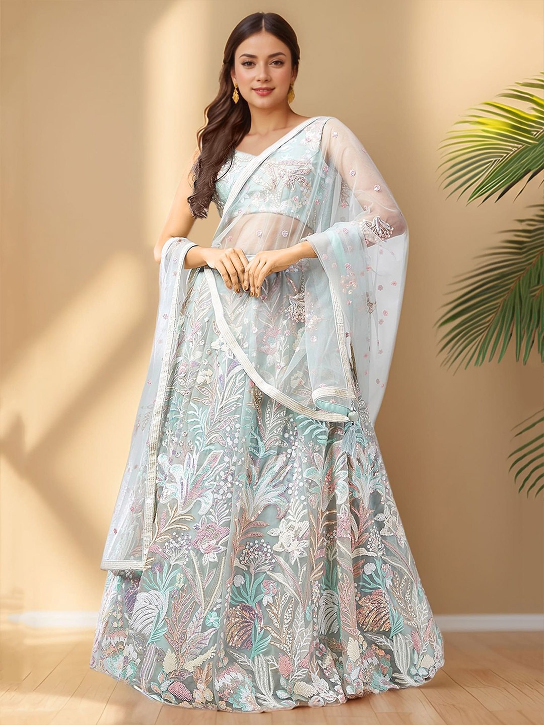 FABPIXEL Floral Embroidered Sequinned Semi-Stitched Lehenga & Blouse With Dupatta, Sea green
FABPIXEL Floral Embroidered Sequinned Semi-Stitched Lehenga & Blouse With Dupatta, Sea green