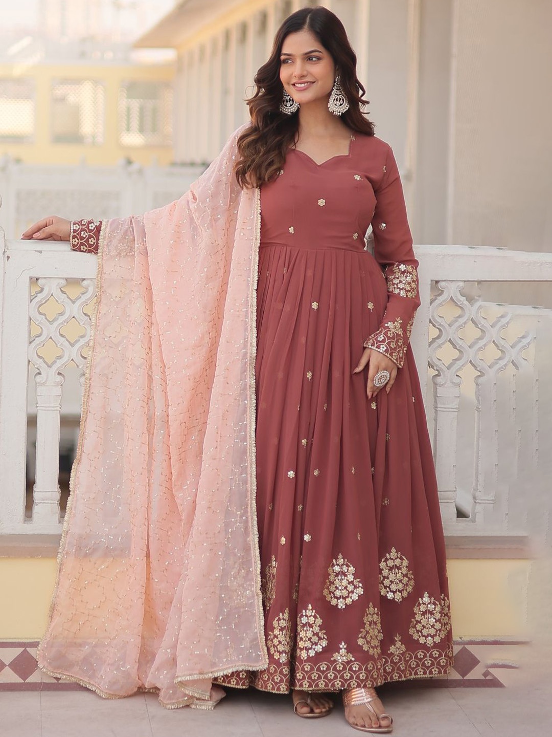 Fashion Basket Embroidery Fit & Flared Anarkali Gown Ethnic Dresses & Dupatta Set, Brown
Fashion Basket Embroidery Fit & Flared Anarkali Gown Ethnic Dresses & Dupatta Set, Brown