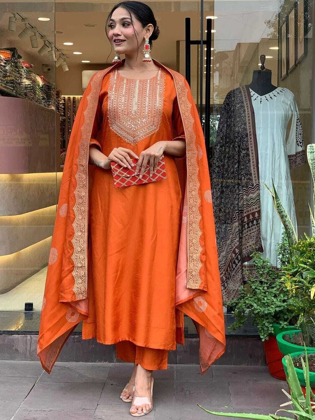 Wedani Yoke Design Embroidered Straight Thread Work Kurta With Pyjamas And Dupatta, Orange
Wedani Yoke Design Embroidered Straight Thread Work Kurta With Pyjamas And Dupatta, Orange