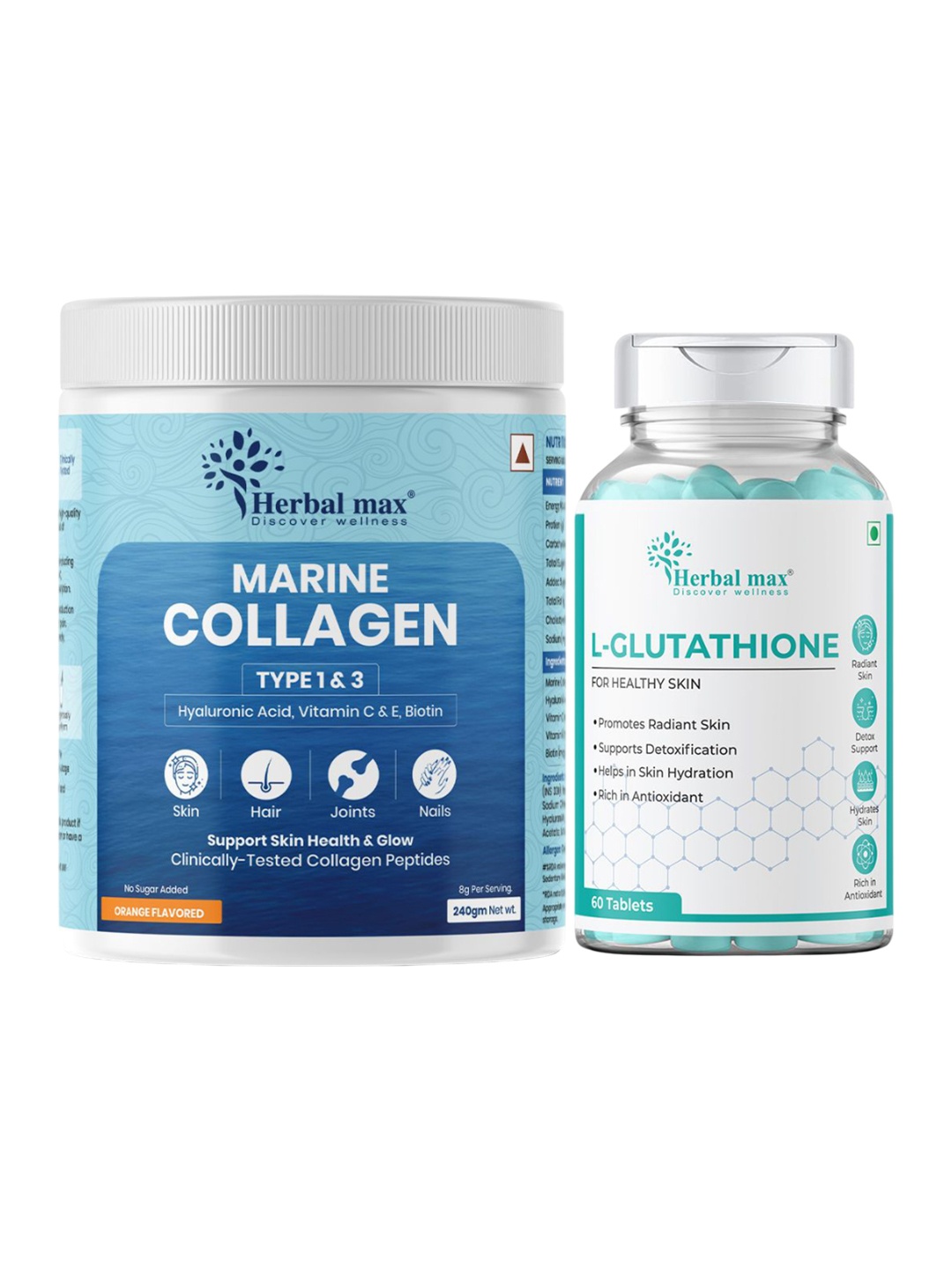 Herbal max Set Of 2 Marine Collagen Powder - 240 g & L- Glutathione Tablet - 60 Tab, Navy blue
Herbal max Set Of 2 Marine Collagen Powder - 240 g & L- Glutathione Tablet - 60 Tab, Navy blue