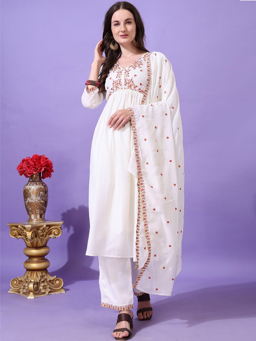 Hirvanti Fashion Floral Embroidered Pleated A-Line Kurta With Palazzos & Dupatta, White
Hirvanti Fashion Floral Embroidered Pleated A-Line Kurta With Palazzos & Dupatta, White