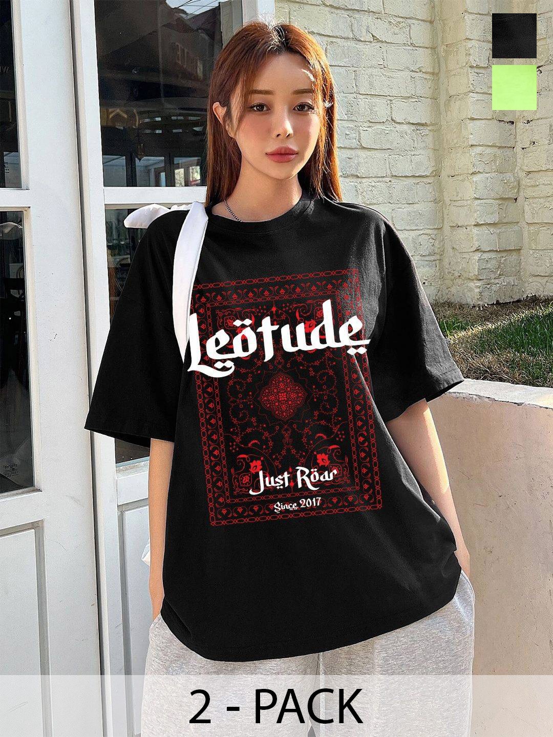 Leotude Women Pack Of 2 Graphic Printed Round Neck Cotton Oversized T-shirts, Black
Leotude Women Pack Of 2 Graphic Printed Round Neck Cotton Oversized T-shirts, Black