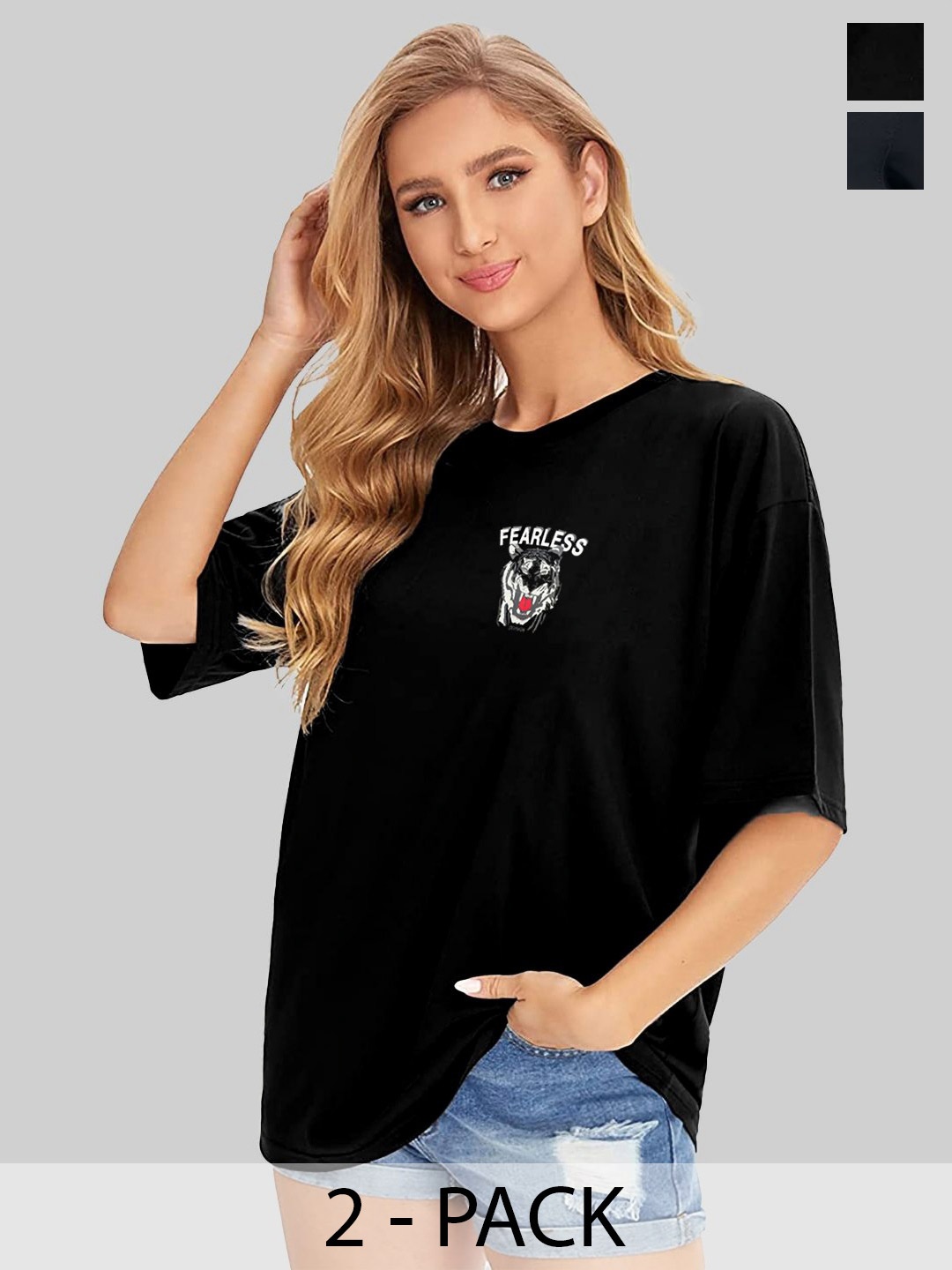 Leotude Women Pack Of 2 Typography Printed Round Neck Cotton Oversized T-shirts, Black
Leotude Women Pack Of 2 Typography Printed Round Neck Cotton Oversized T-shirts, Black