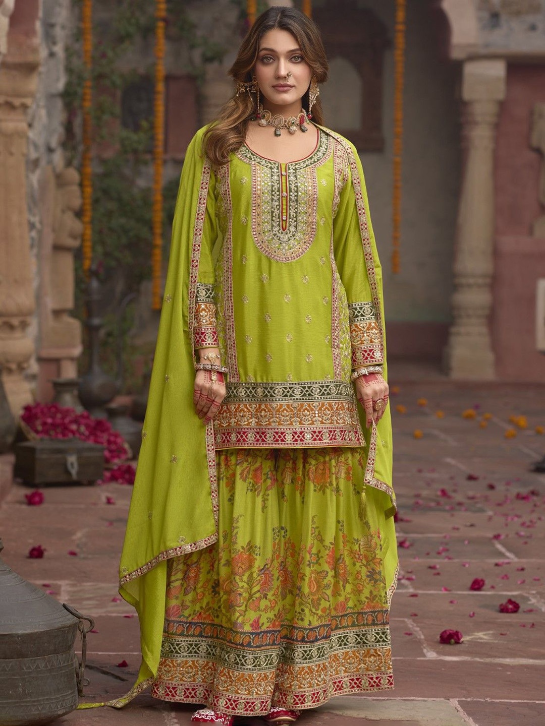 AUTUMN LANE Floral Embroidered Sequinned Cotton Straight Kurta With Sharara & Dupatta, Green
AUTUMN LANE Floral Embroidered Sequinned Cotton Straight Kurta With Sharara & Dupatta, Green