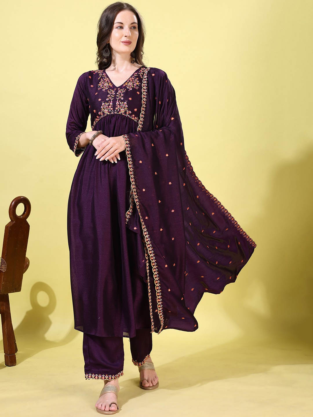 Hirvanti Fashion Floral Embroidered Pleated A-Line Kurta With Palazzos & Dupatta, Purple
Hirvanti Fashion Floral Embroidered Pleated A-Line Kurta With Palazzos & Dupatta, Purple