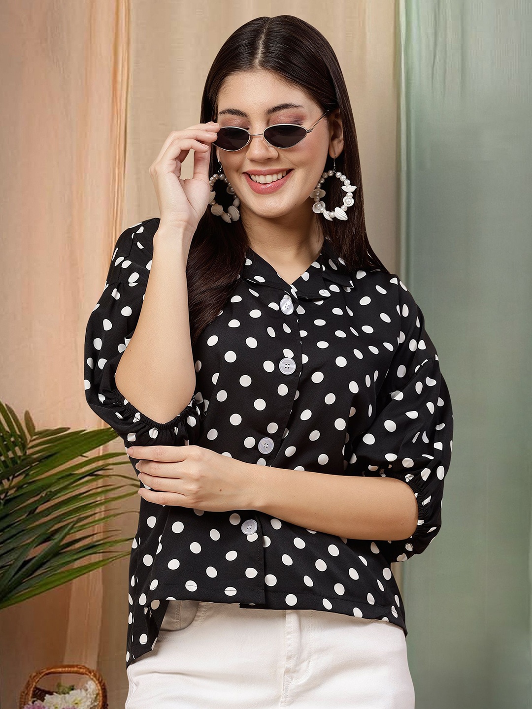 Moda Rapido Women Polka Dots Printed Mandarin Collar Neck Short Sleeves Shirt Style Top, Black
Moda Rapido Women Polka Dots Printed Mandarin Collar Neck Short Sleeves Shirt Style Top, Black