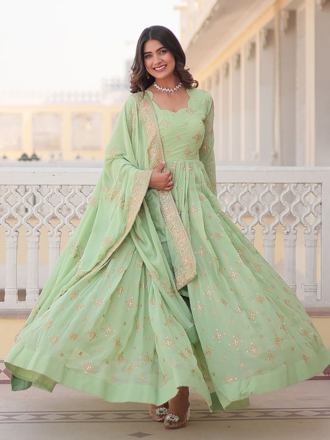 Fashion Basket Embroidery Fit & Flared Georgette Anarkali Gown Ethnic Dresses With Dupatta, Green
Fashion Basket Embroidery Fit & Flared Georgette Anarkali Gown Ethnic Dresses With Dupatta, Green